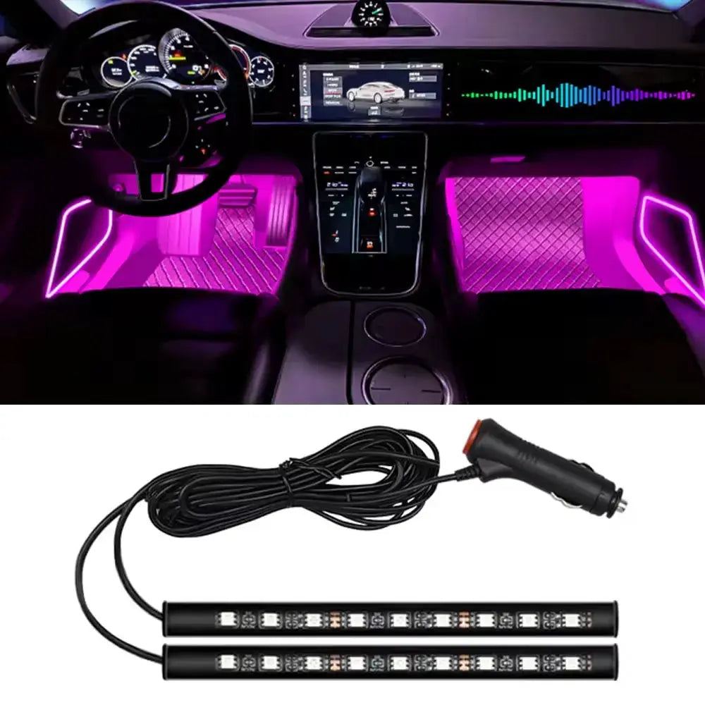 Simples Market 2-in-1 LED car foot light kit with USB cigarette-lighter adapter, purple interior lighting, two strips