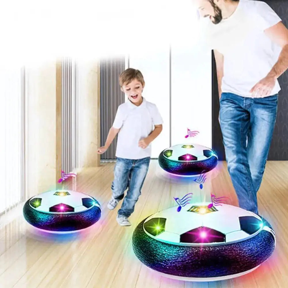 Hover soccer balls for kids by Retail with LED lights and music; set of three floating football toys for indoor play.