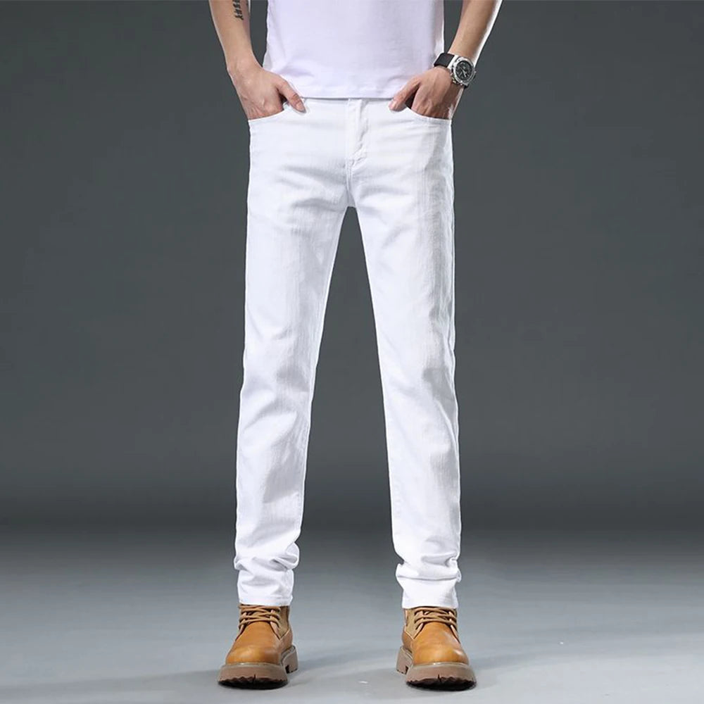 White Slim Fit Straight Jeans For Men 2025 Casual Stretch Denim Pants