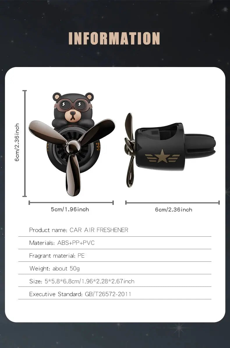 Bear pilot car air freshener vent clip with propeller, black body and brown face; ABS+PP+PVC.