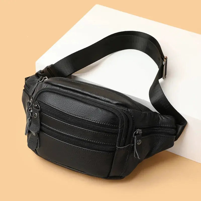 Leather men's fanny pack by Simples Market, black genuine leather with multiple zip pockets and adjustable strap