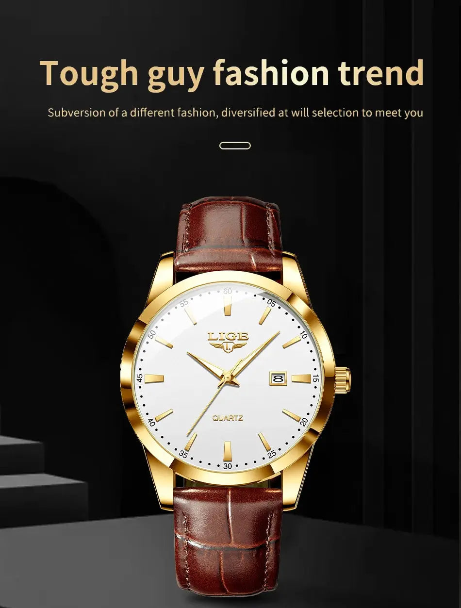 LIGE men's quartz watch with gold-tone case, white dial, brown leather strap and date window.