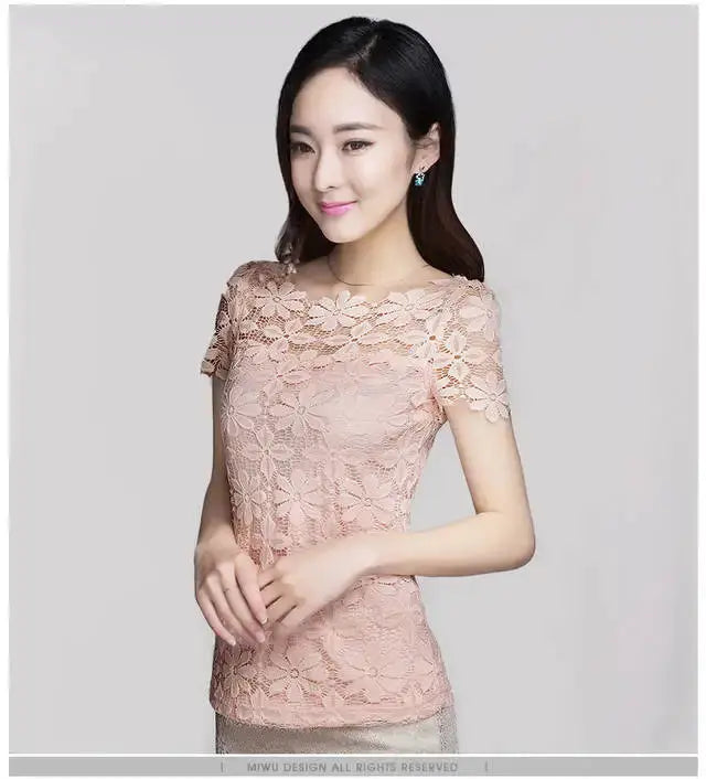 Summer Lace Women Blouse Shirt by Simples Market in pink floral lace with short sleeves