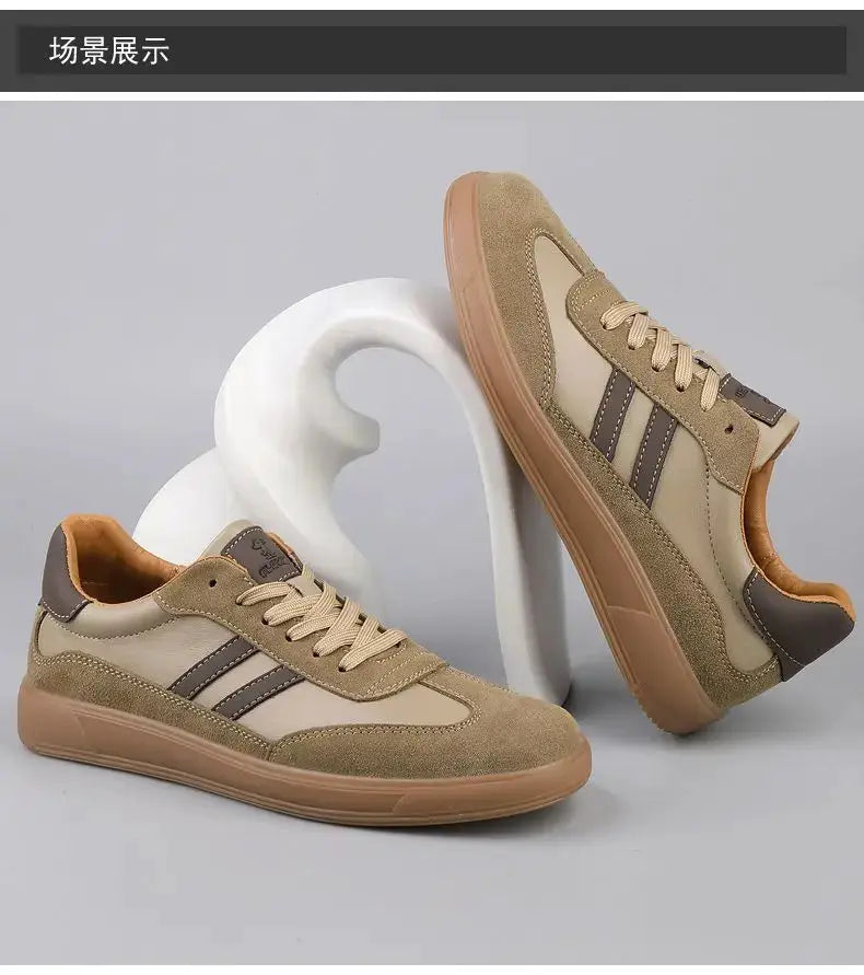 Two tan leather sneakers with suede overlays and dark side stripes, gum sole