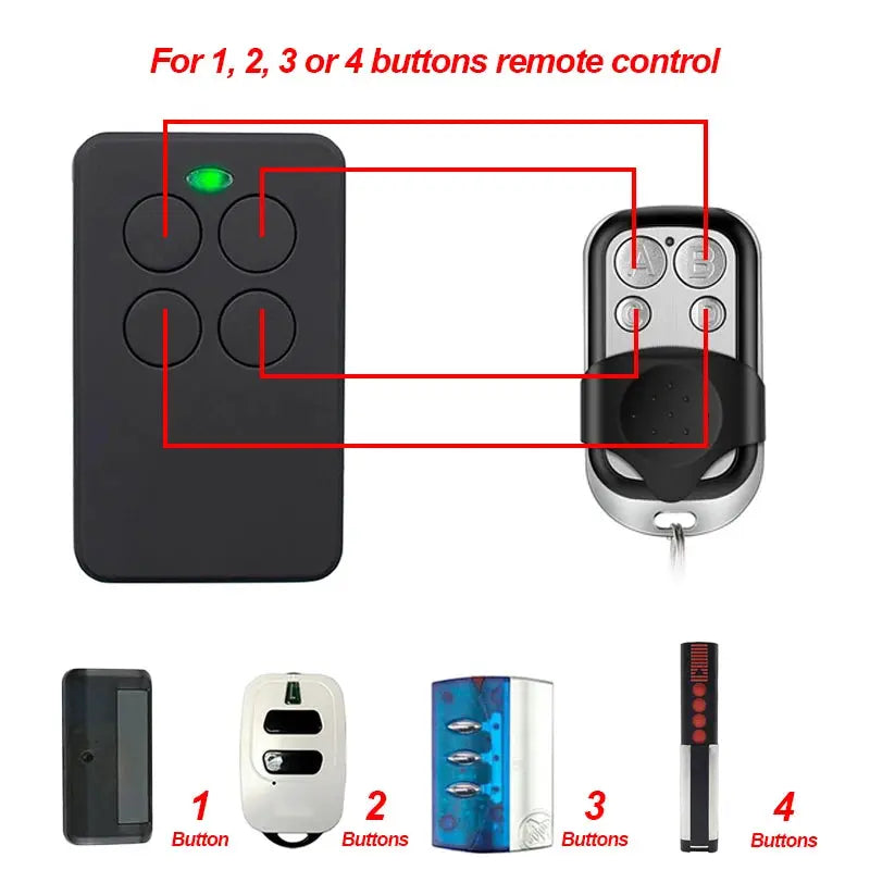 Universal garage door remote duplicator by Simples Market; black multi-frequency 1–4 button remotes