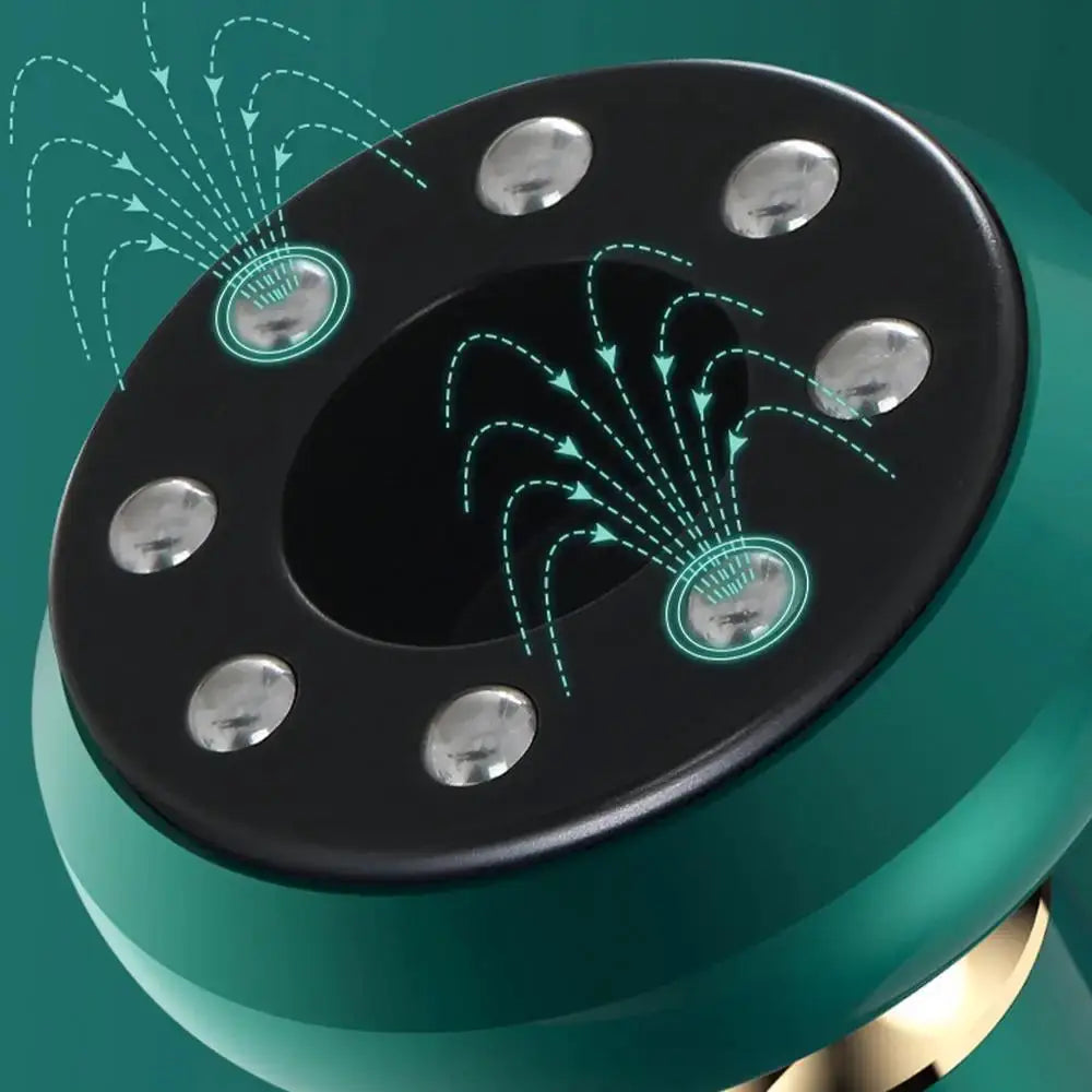 Handheld anti-cellulite massager with circular suction cup heads on a green body