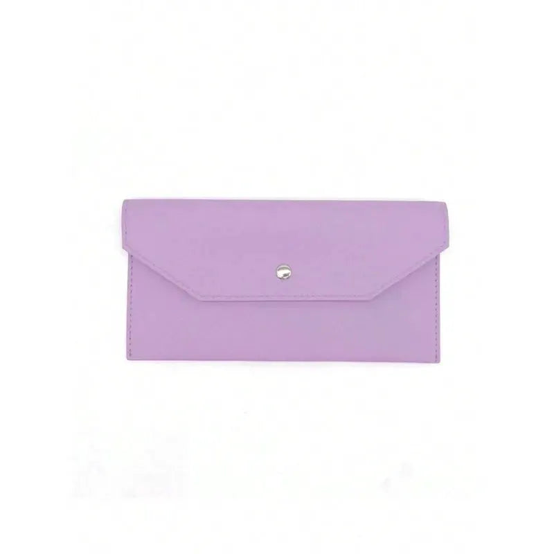 Women's lavender leather wallet with envelope-style flap, snap closure and card slots.