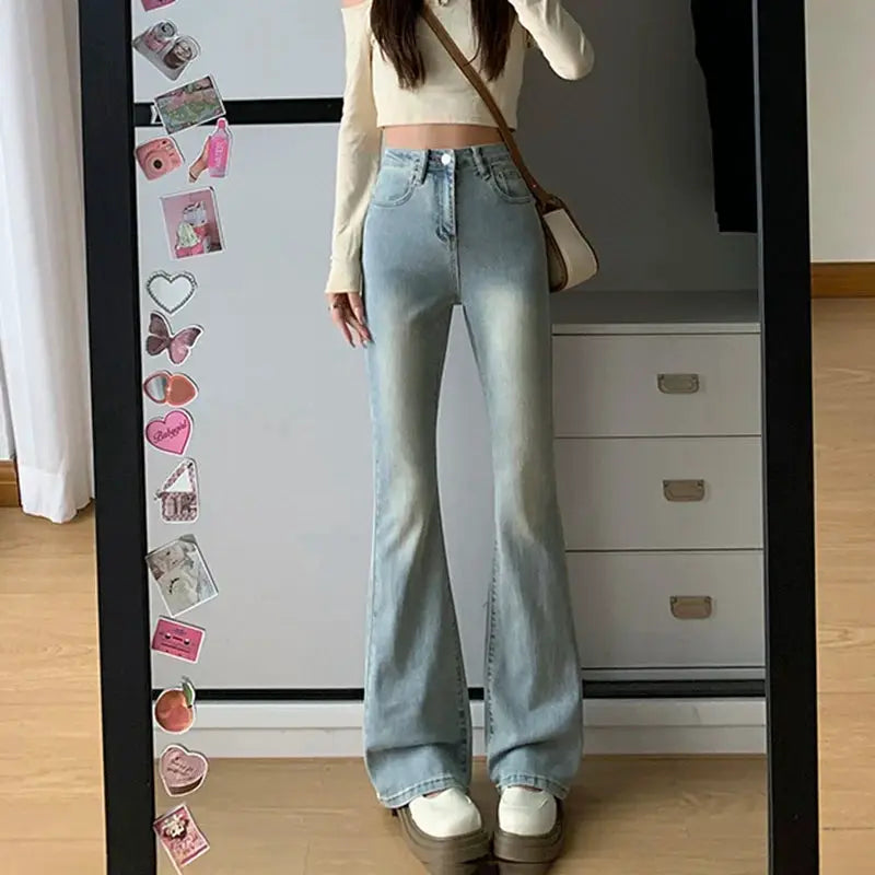 Women Flare Jeans High Waist Moustache Wash Denim Bell Bottom Y2K