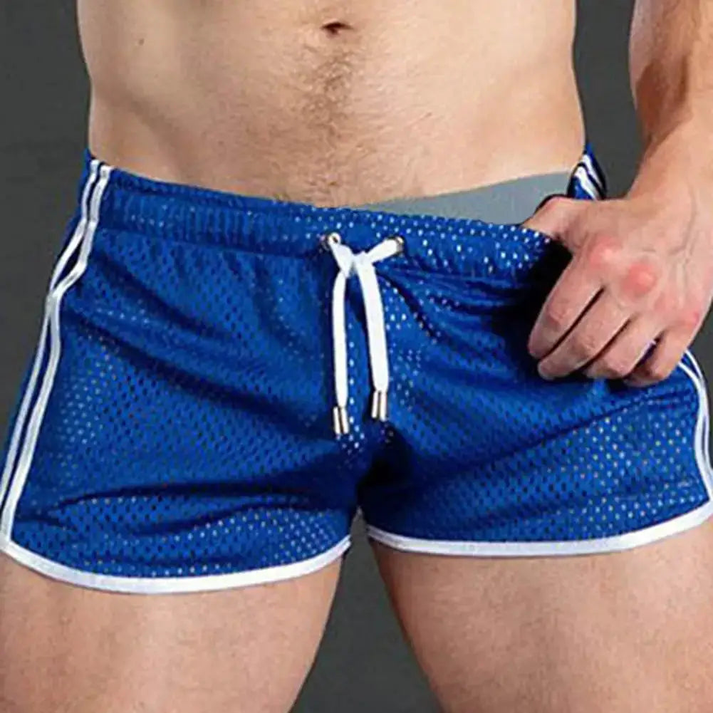 Simples Market men's blue hollow-mesh sport shorts with white drawstring and piping, quick-dry