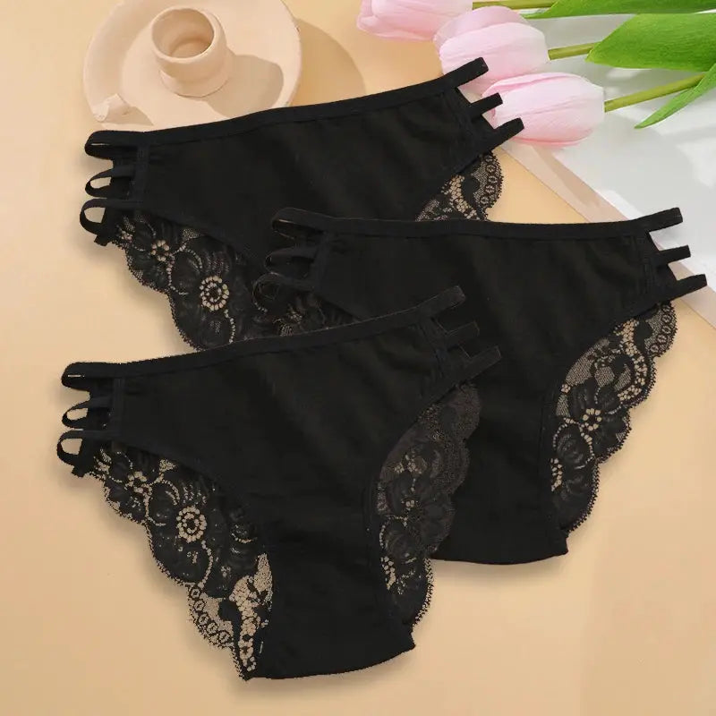 3-piece black lace panties set with low-rise hollow-out side straps and floral lace trim