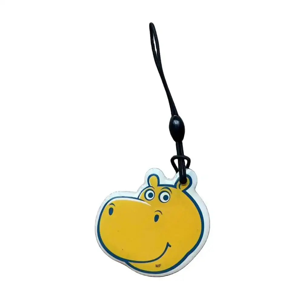 Hippo-shaped yellow RFID key fob with black strap, cute smile