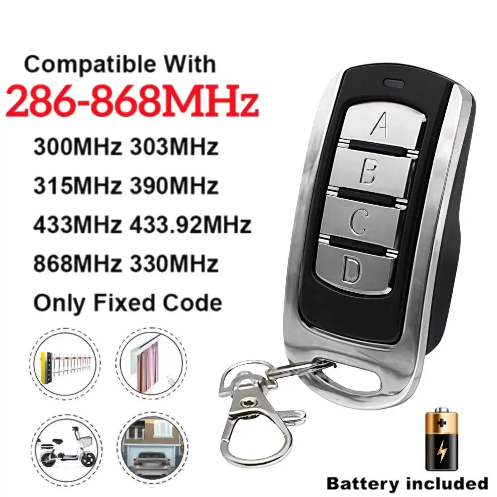 Simples Market 4-button universal garage remote, black and silver, 280–868 MHz fixed-code, keychain