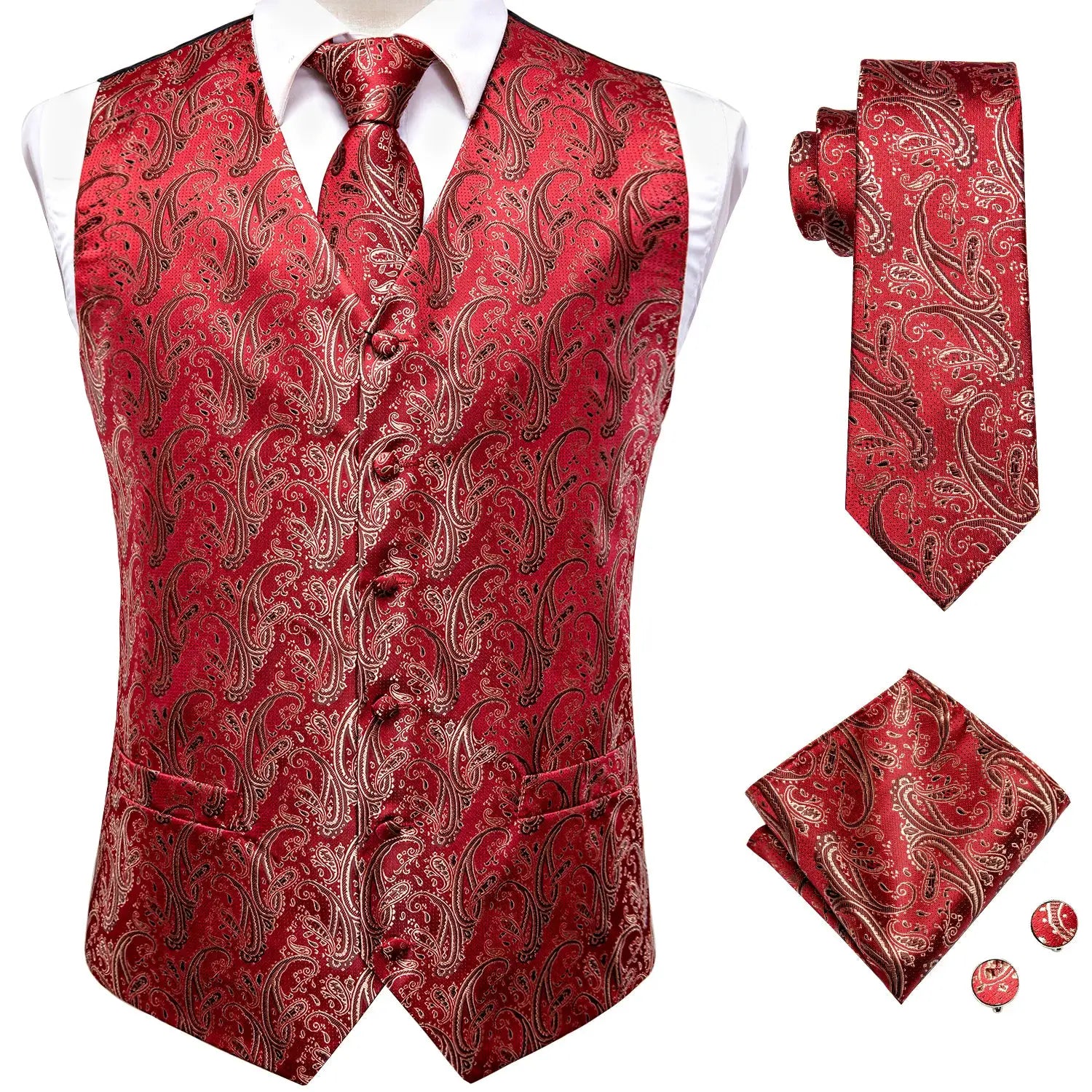 Men's red paisley waistcoat set with matching tie, handkerchief, and cufflinks