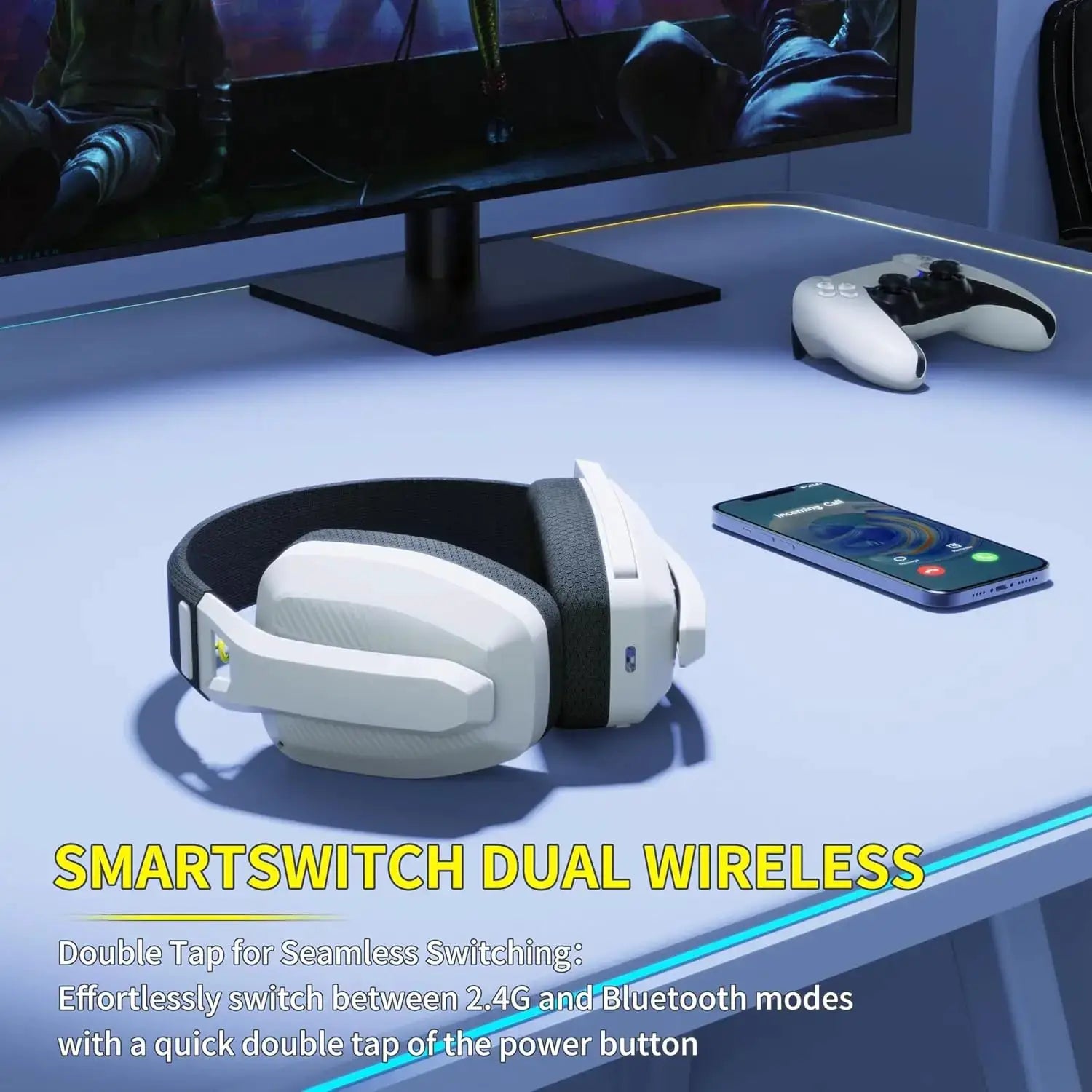 BINNUNE BW06 wireless gaming headset with mic, white and black, on desk beside a smartphone
