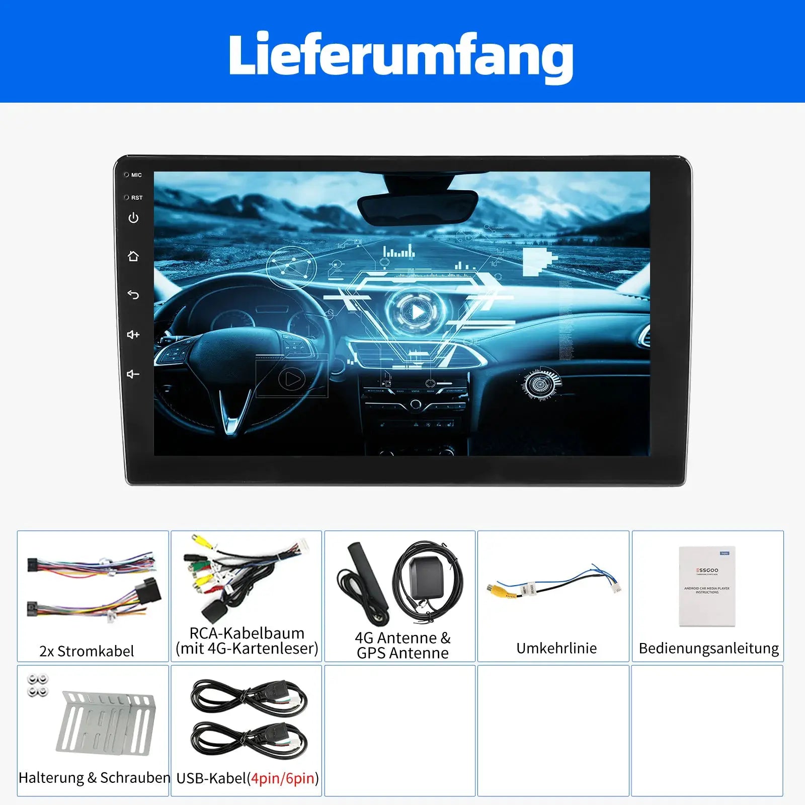 ESSGOO car stereo head unit 7–10 inch Android Auto CarPlay GPS WIFI Simples Market