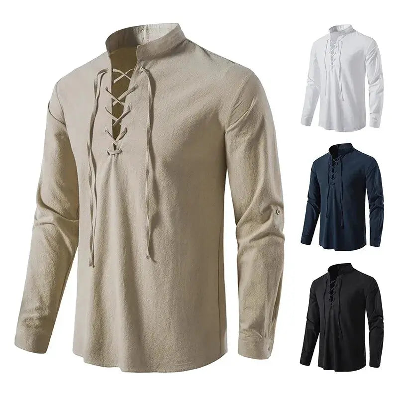 King Billion Mens Cotton Linen Long Sleeve Shirt Vintage English Style With Drawstring Neck US Size Spring Autumn