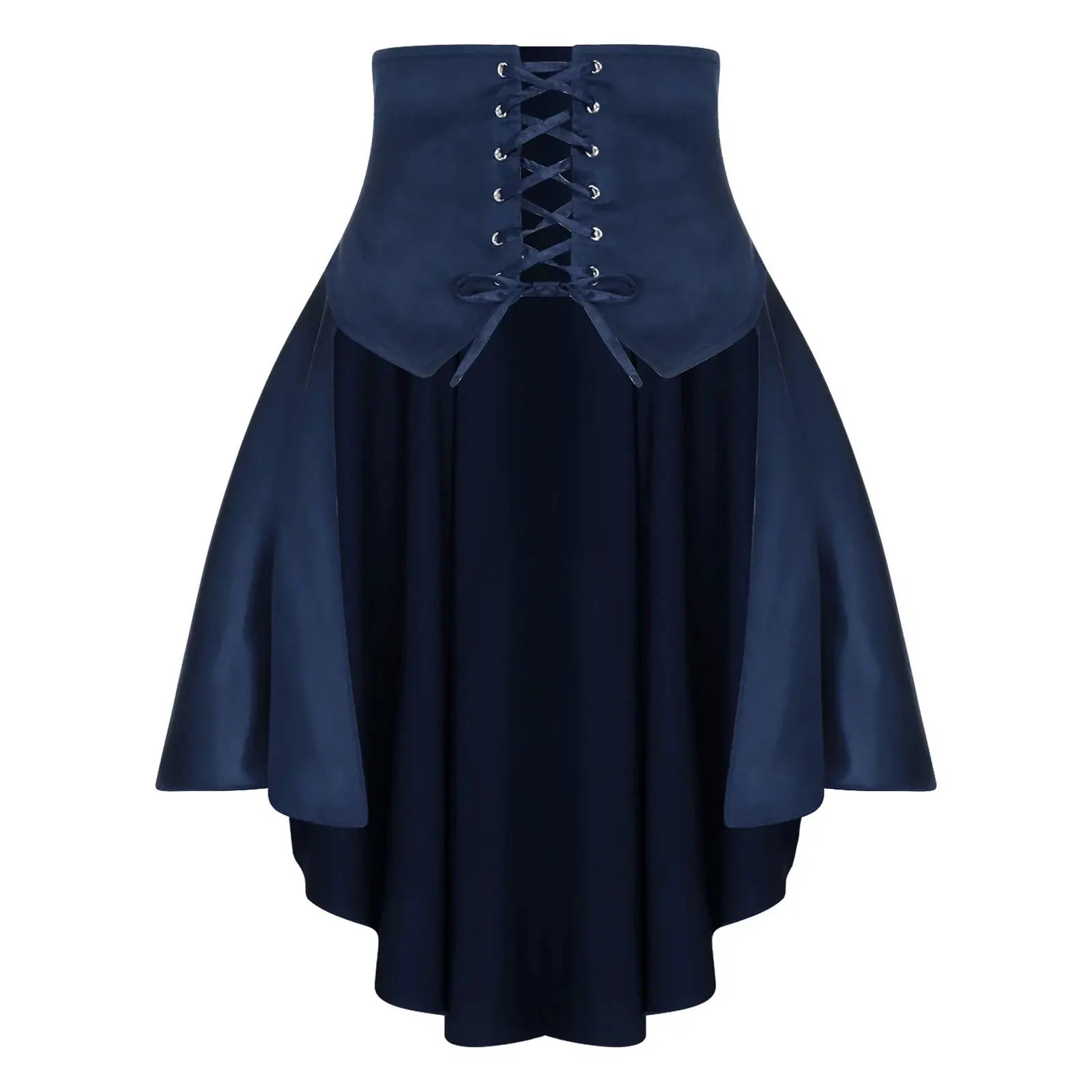 Womens navy satin pirate skirt with front lace-up corset belt and irregular hem