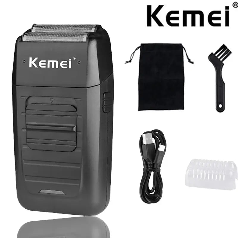 Kemei hair clipper kit with USB charging cable, cleaning brush, blade guard and pouch