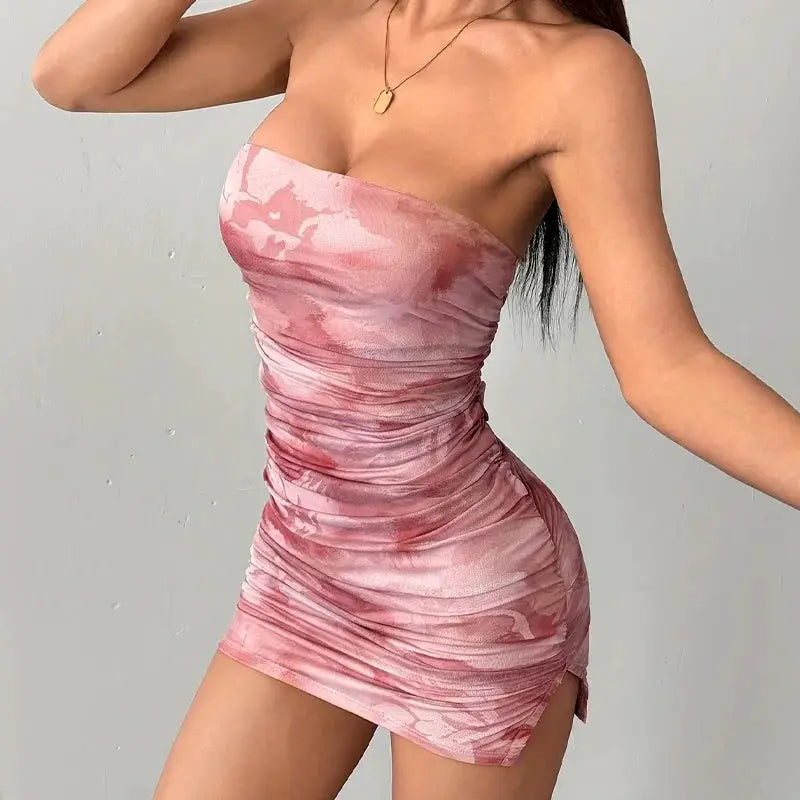 Y2K Summer Womens Mini Dress Spaghetti Straps Print Party Off Shoulder
