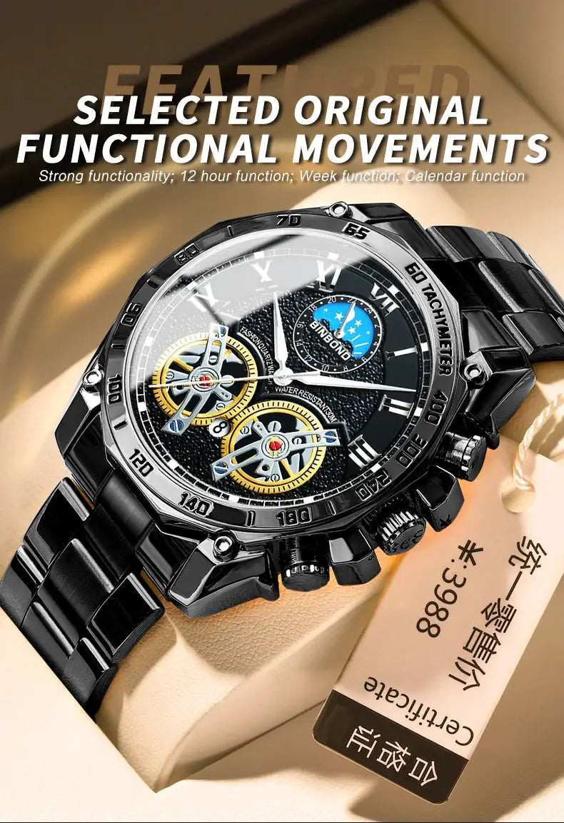 BINBOND luxury men's quartz watch with black stainless steel band and decorative skeleton dial