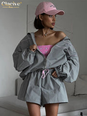 Clacive Gray 2 Piece Set Women Longsleeve Shirt High Waist Shorts 2024