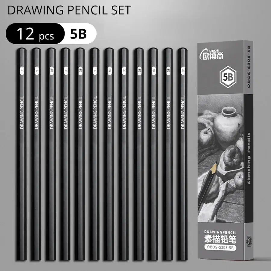 Drawing pencils set, 12 pcs, black graphite pencils with 5B grade, OBOS packaging