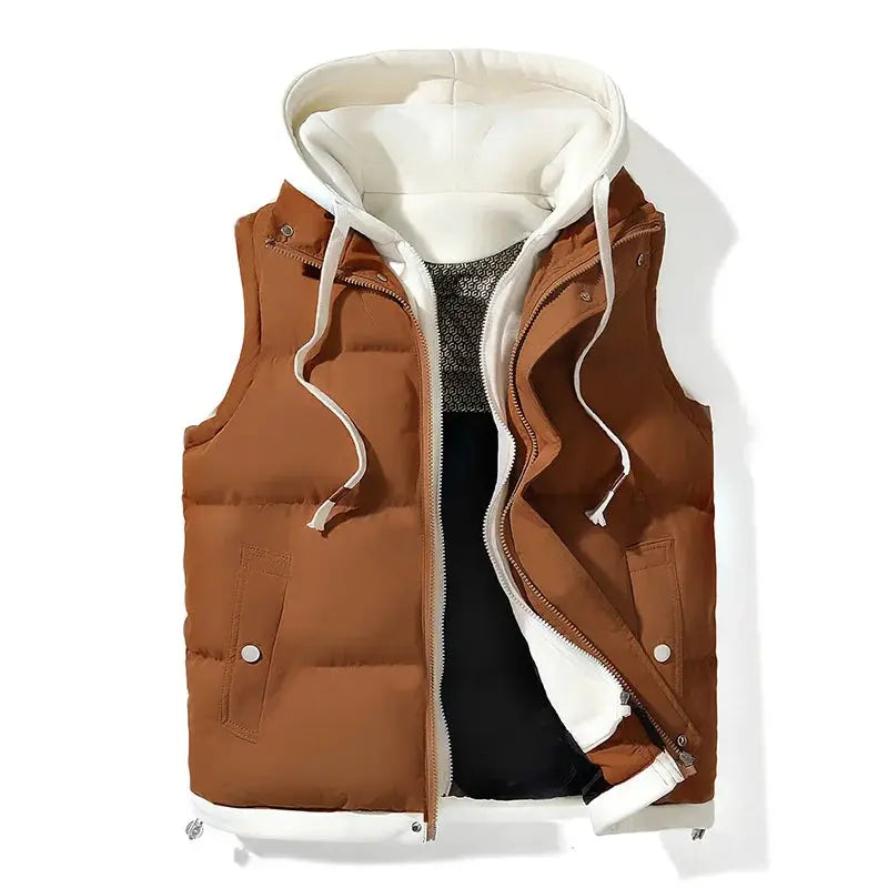 Hooded puffer vest for men by Simples Market, brown with white hood and front zipper