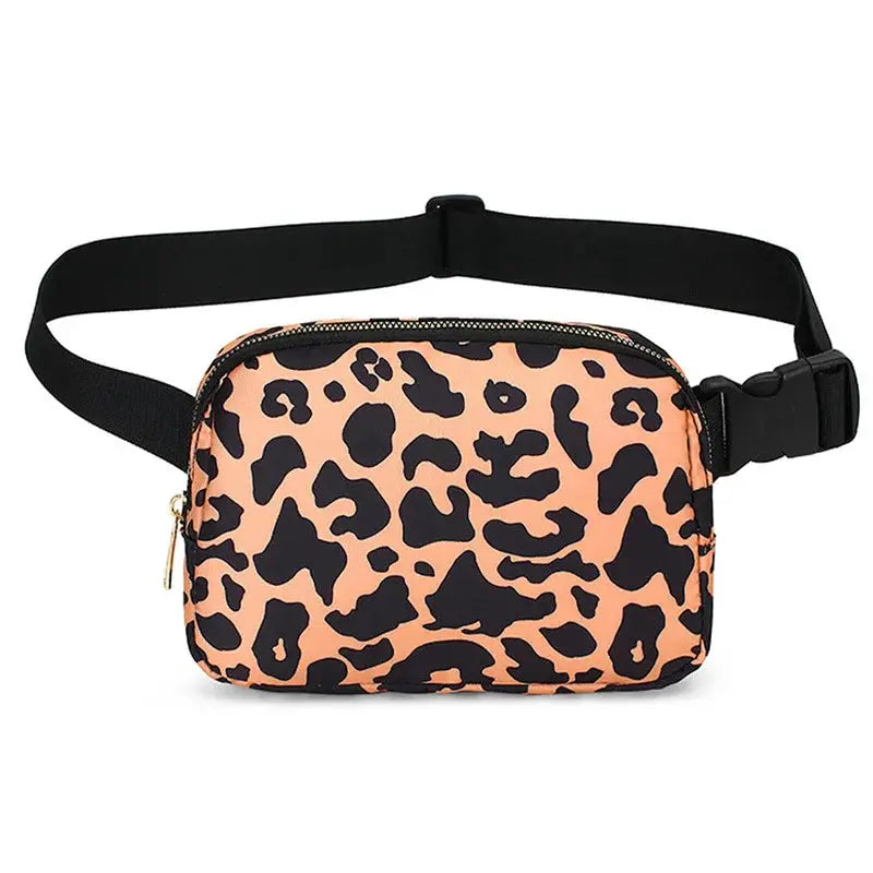 Waist bag from Simples Market peach leopard print with black adjustable strap and gold zipper