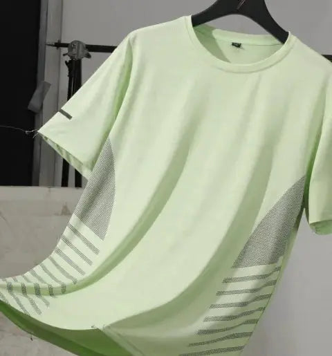Men's running T-shirt pale green ice-silk quick-dry breathable short sleeve with reflective print