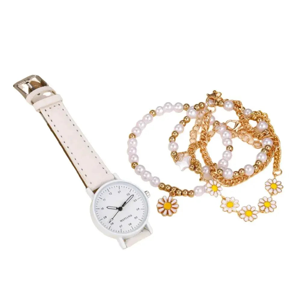 New 5-piece girls watch and bracelet set with white strap watch, pearl beads, gold-tone chains, and yellow daisy charms