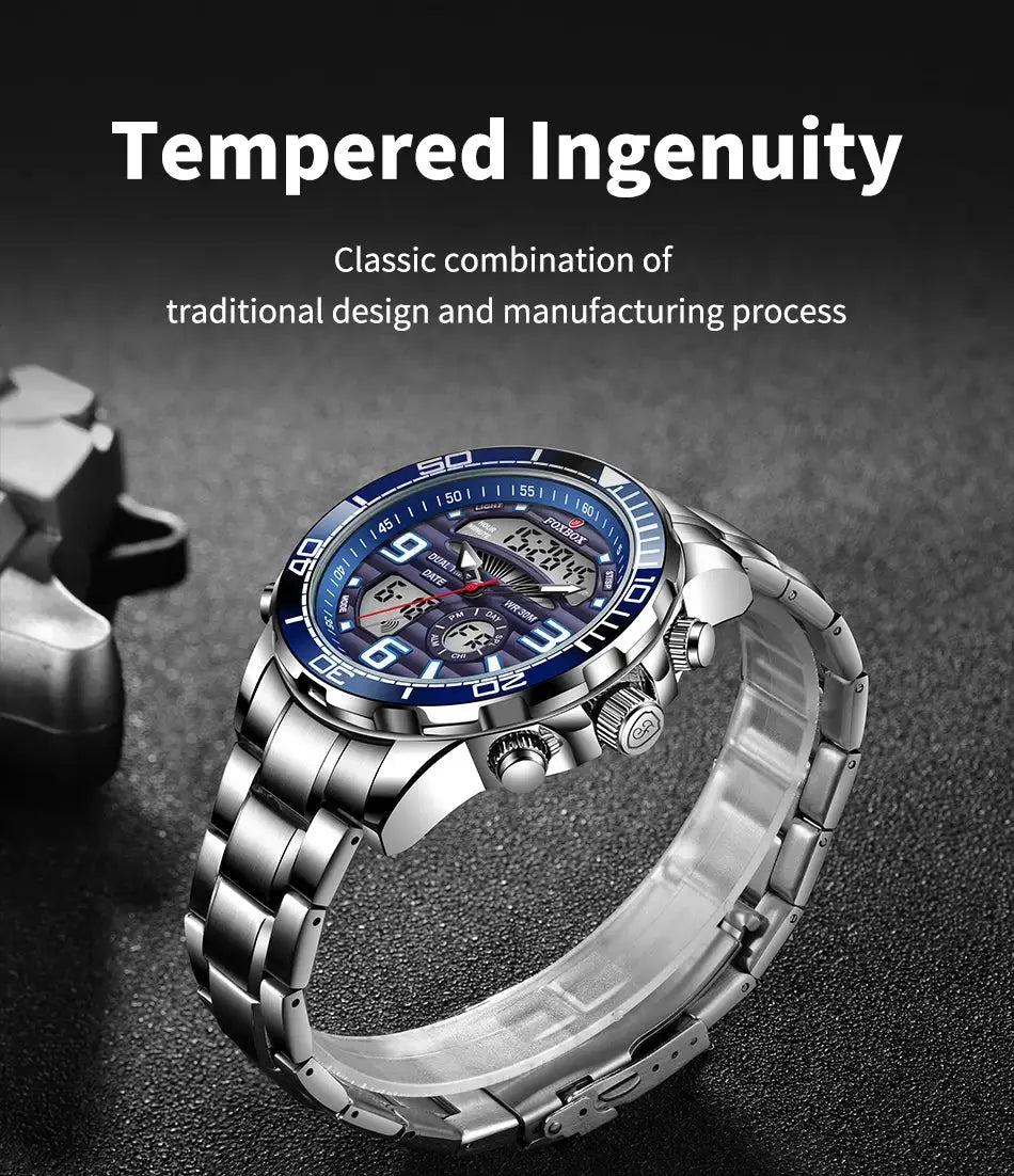 FOXBOX men's military sport watch by Simples Market; stainless steel with blue bezel and digital-analog dial