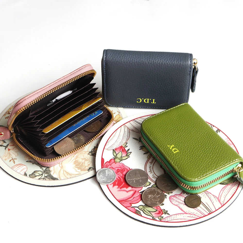 Personalize Genuine Leather Card Holder set of three in navy, pink, and green with zipper coin pockets.