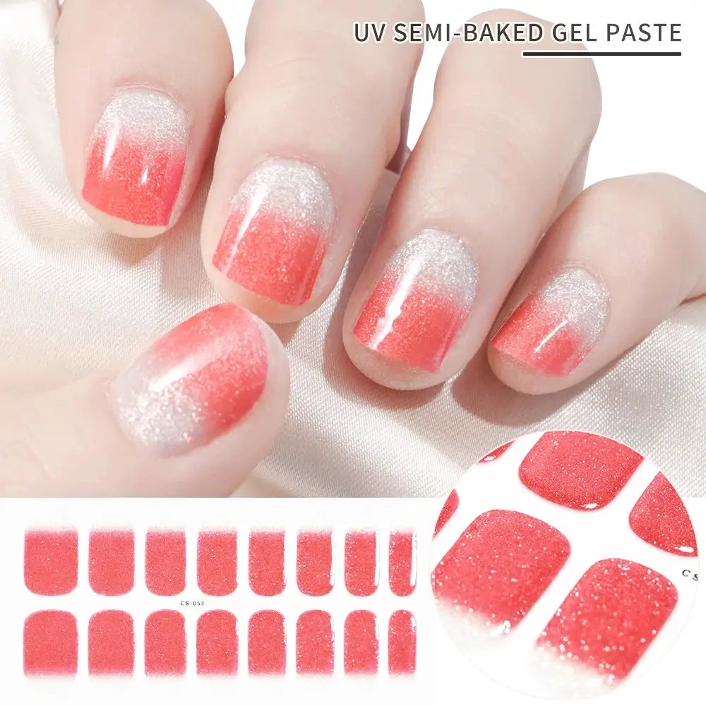 Simples Market UV semi-baked gel nail wraps in coral-pink gradient with glitter, full-cover decals