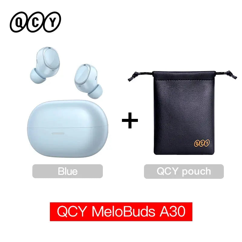 QCY MeloBuds A30 wireless earbuds (blue) with charging case and QCY pouch