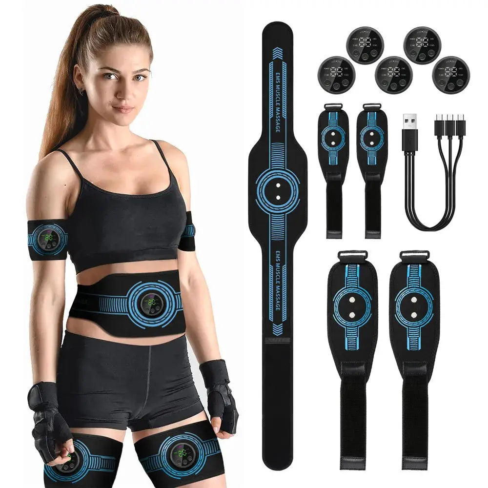 EMS belt massage set by Simples Market; black with blue accents, waist belt, arm/leg straps, 6 pads, USB-powered.