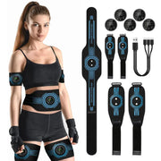 EMS belt massage set by Simples Market; black with blue accents, waist belt, arm/leg straps, 6 pads, USB-powered.