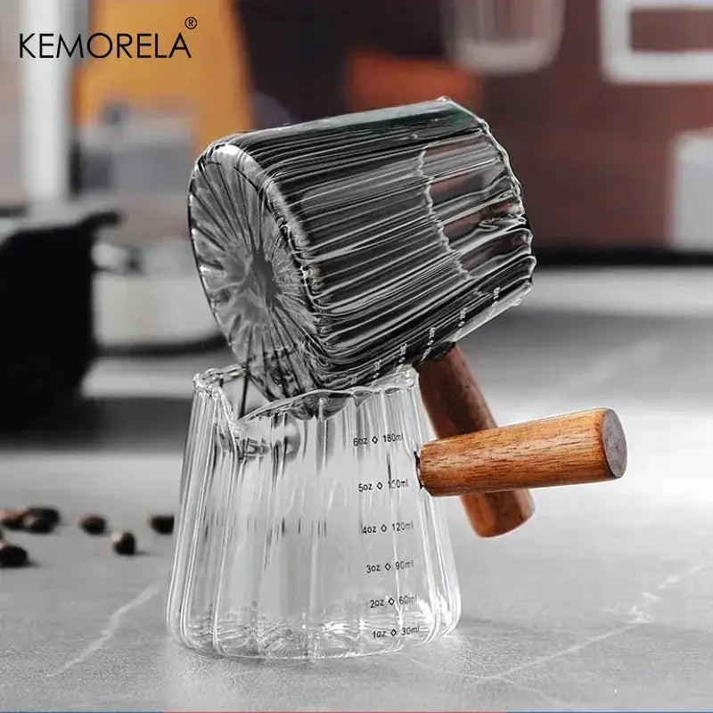 Wooden Handle Measuring Cup With Single And Double Spouts Italian Glass 90ml 120ml 180ml Coffee Milk Cup