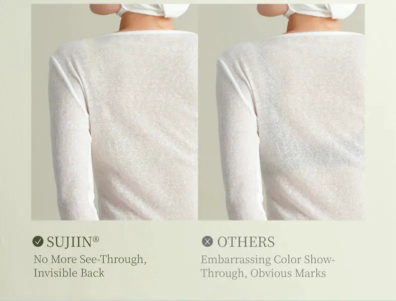 SUJIN seamless wireless bra back-view comparison; invisible back on left, color-through on right.
