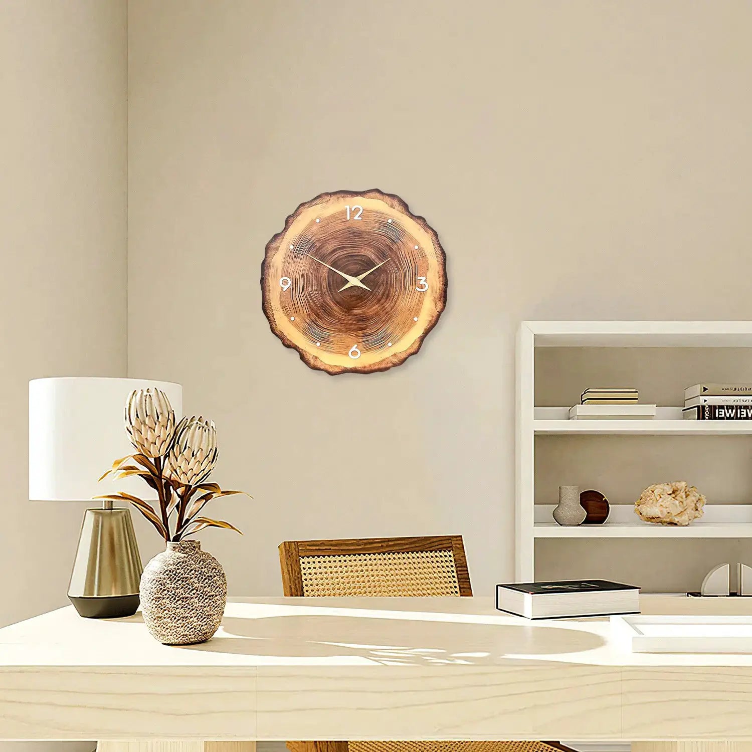 Wooden ring veneer wall clock with solid wood cross-section grain, silent movement