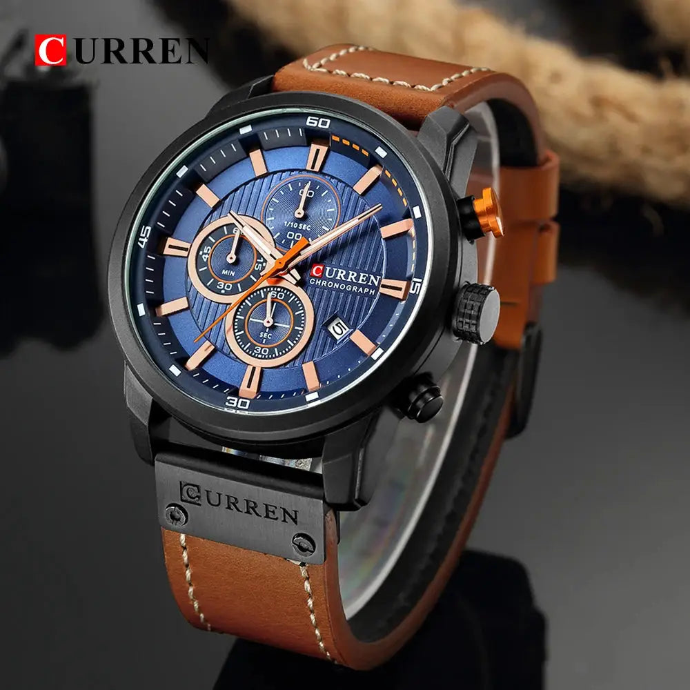 Curren 8291 quartz chronograph watch with blue dial and brown leather strap