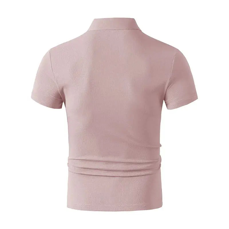 Simples Market men's pink polo shirt, short sleeves, collared, back view