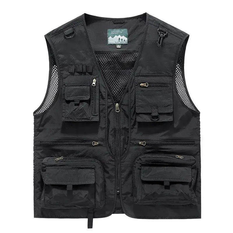 Men's black outdoor mesh vest with multiple zip pockets, front cargo pouches, and breathable lining, Simples Market