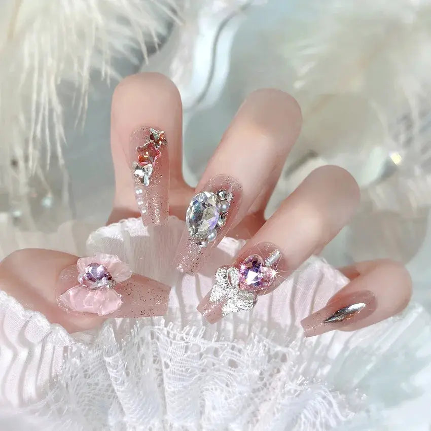 LuxeNail Blush Pink False Nails Bowknot Diamond Pearl Design Press On Nail Tips Harmless Smooth Edge Safe DIY Mani
