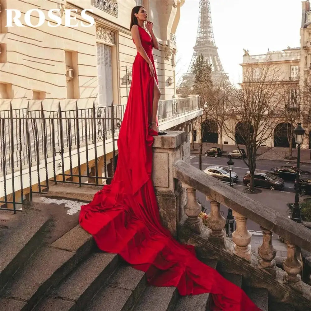 Roses Red Satin Prom Dress Sleeveless Backless Trumpet Gown V Neck