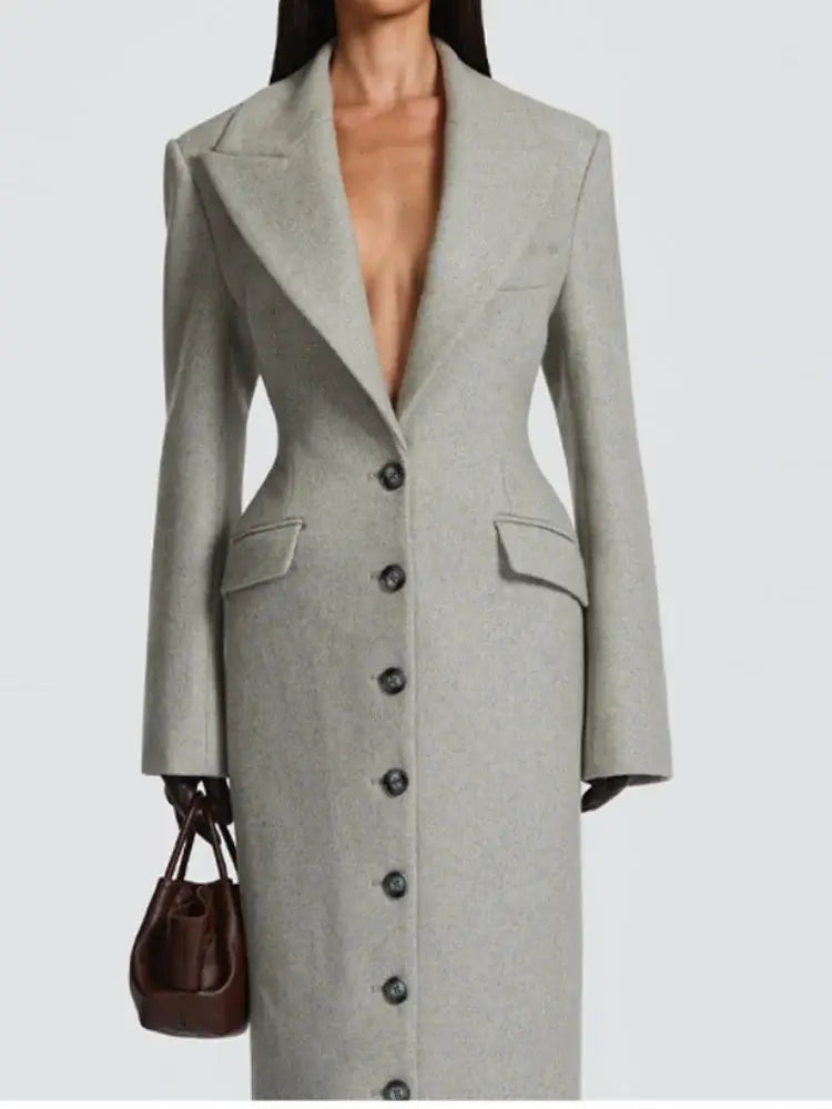 UrbanEdge Belted Long Coat With Slim V Neck And Shoulder Pads For Winter Comfort And Flattering Silhouette