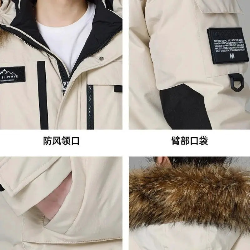 Men's beige hooded duck-down coat by Simples Market with fur collar, waterproof winter parka.