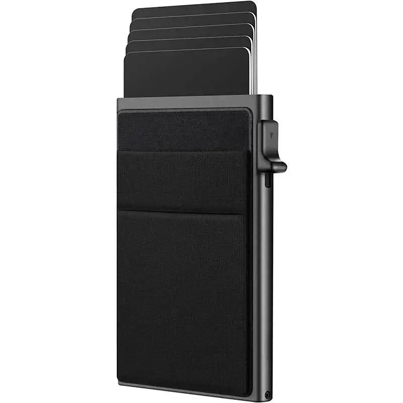 Simples Market RFID card holder wallet for men, slim black minimalist metal case with several cards fanned out.
