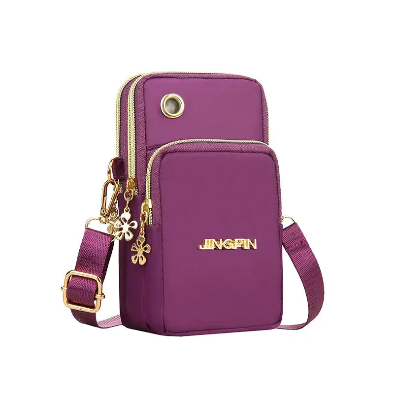 Mobile phone bag, purple women's crossbody mini bag with gold zippers and floral charms, JINGPIN