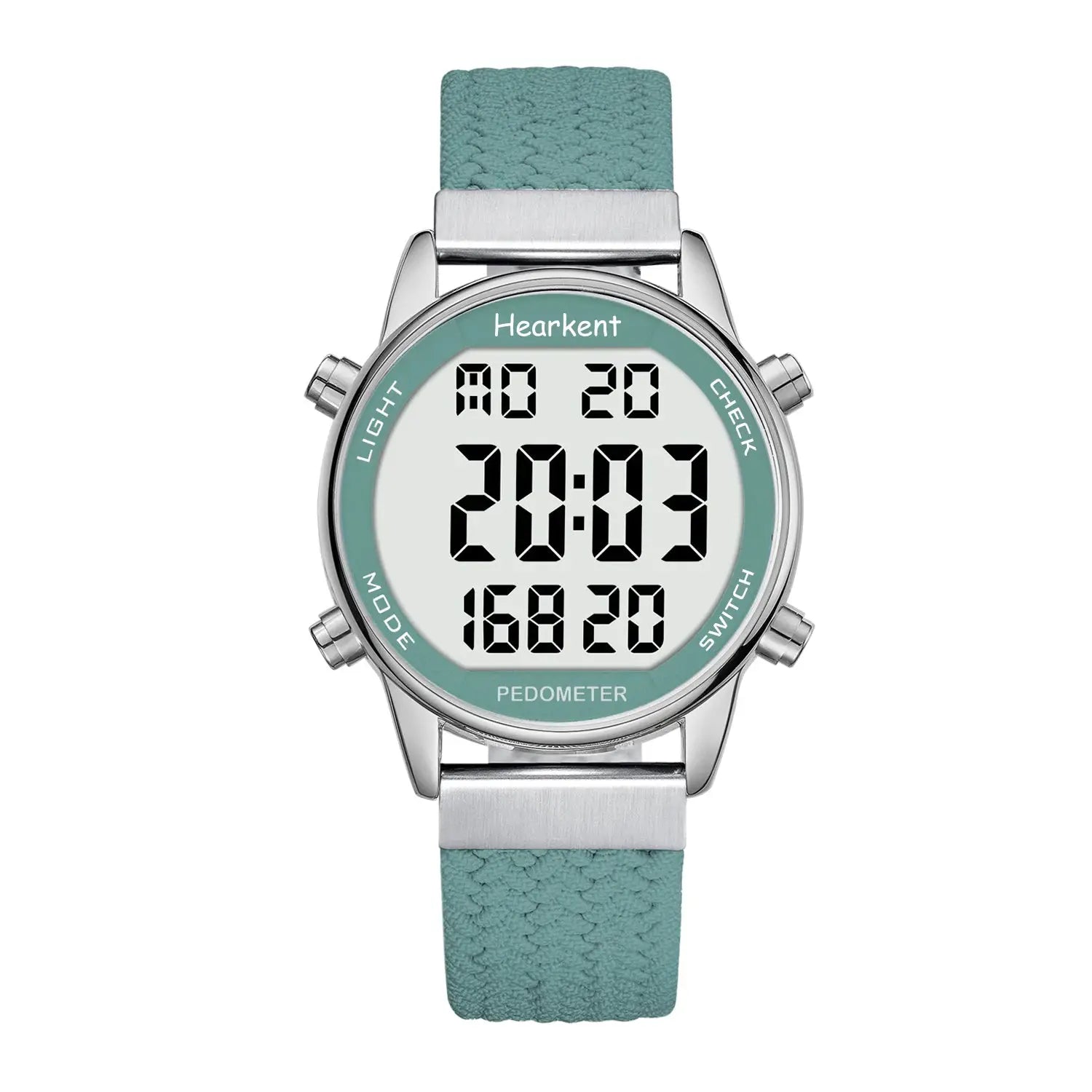 Hearkent pedometer sport watch with teal textured strap and digital display