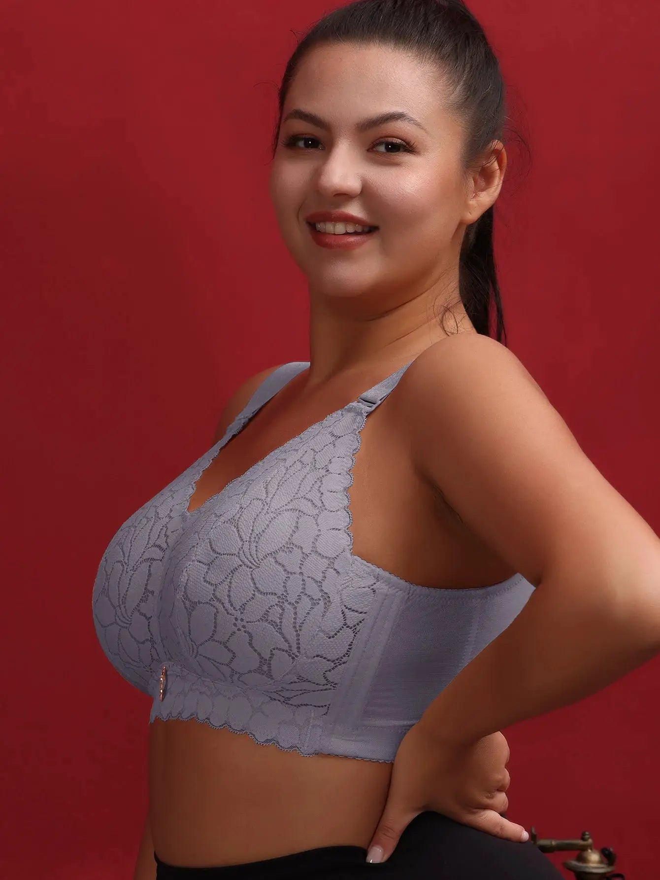 Grey lace full-cup bralette with adjustable straps, no steel ring, soft wide band